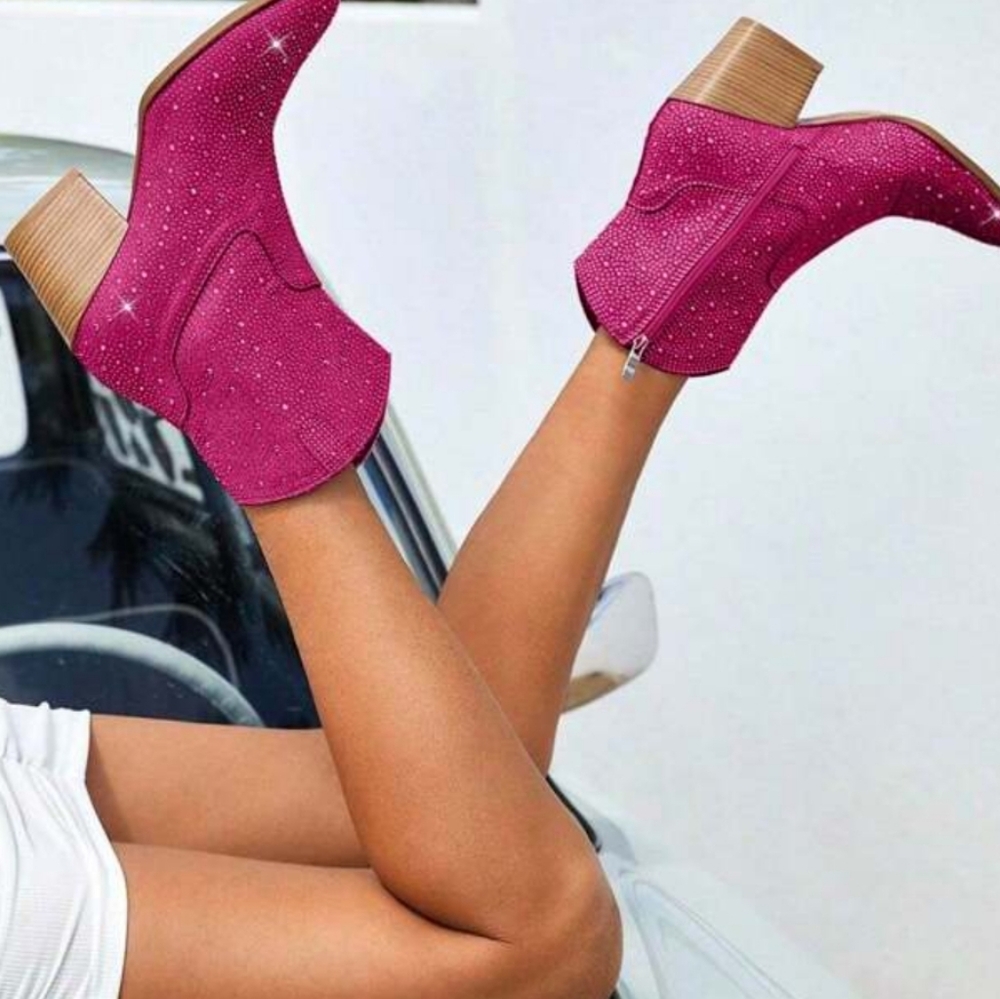 Pink Rhinestone Cowboy Boots Booties NWT Sparkle Glam Zip-up Chunky Heel Barbie